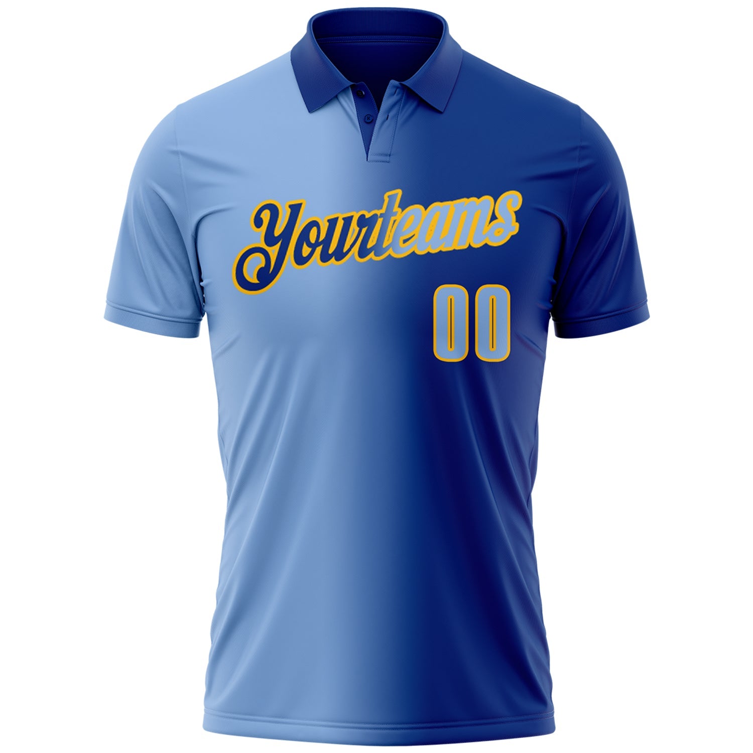 Custom Royal Light Blue-Gold 3D Gradient Fashion Performance Polo Shirt view 2