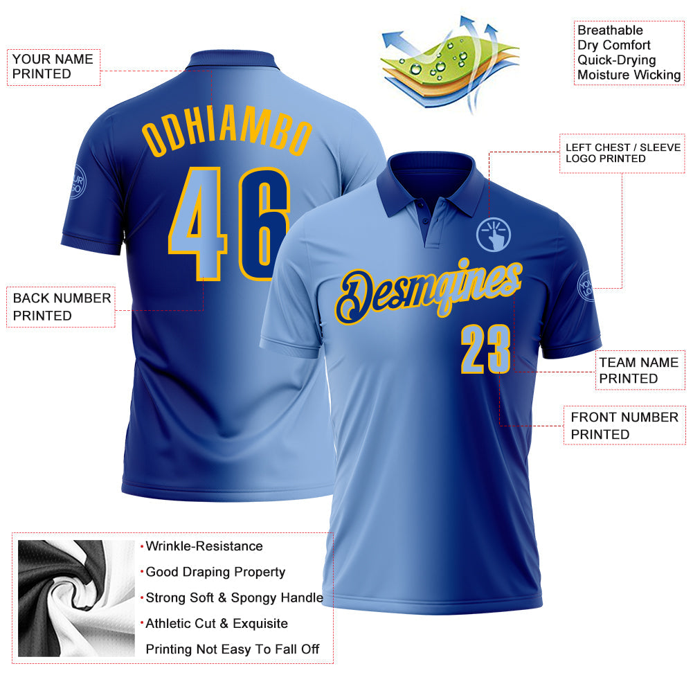 Custom Royal Light Blue-Gold 3D Gradient Fashion Performance Polo Shirt view 3