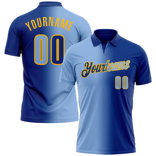 Custom Royal Light Blue-Gold 3D Gradient Fashion Performance Polo Shirt - Main View