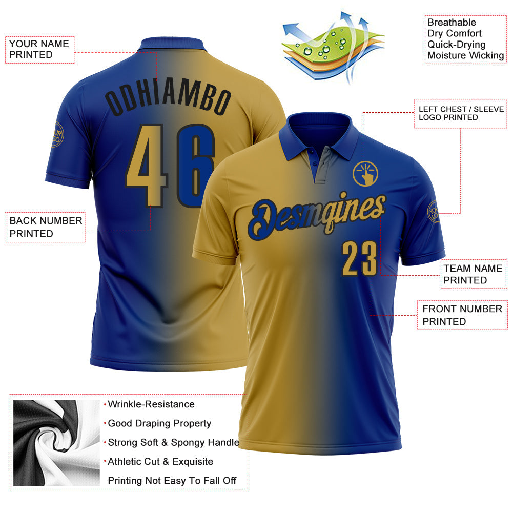 Custom Royal Old Gold-Black 3D Gradient Fashion Performance Polo Shirt view 3