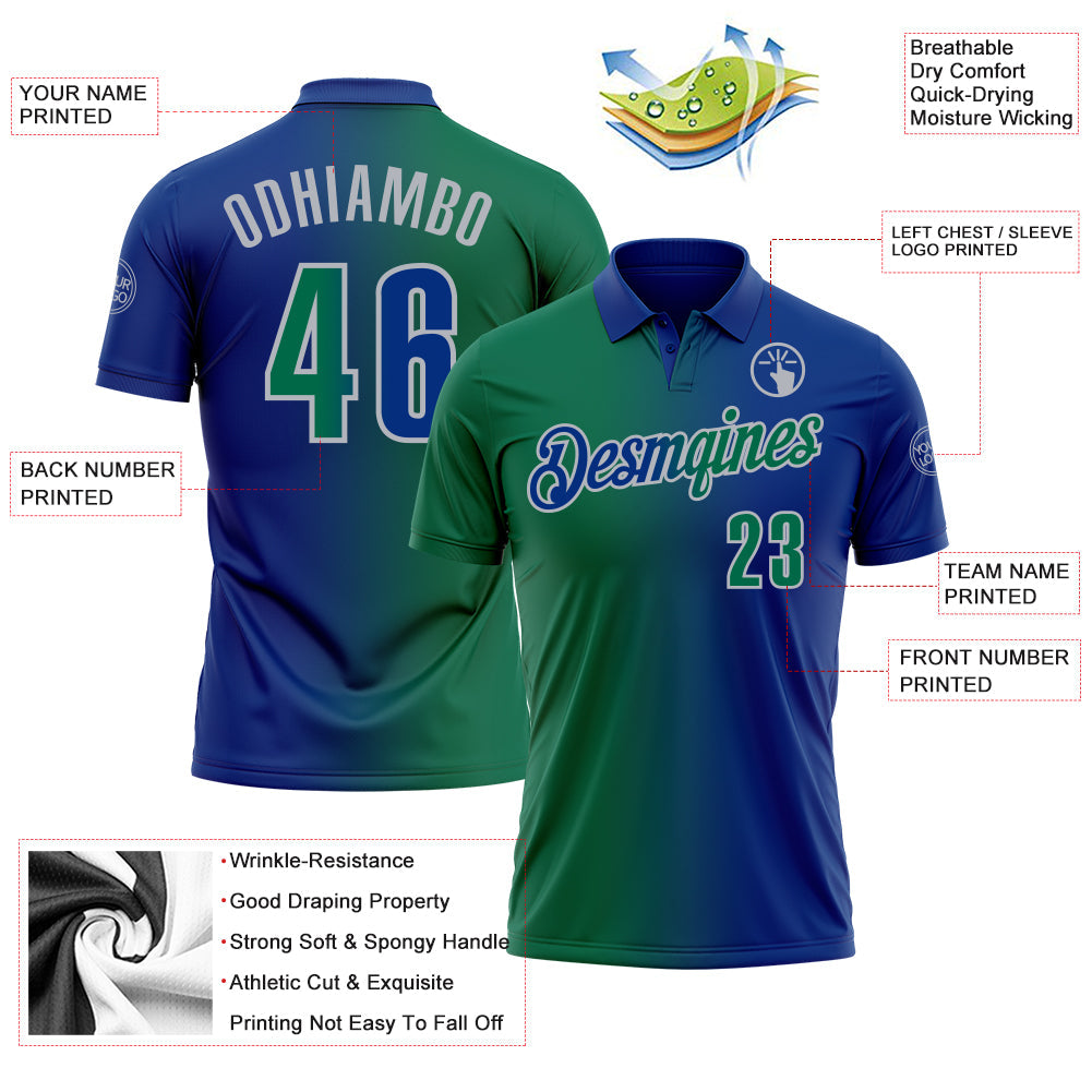 Custom Royal Kelly Green-Gray 3D Gradient Fashion Performance Polo Shirt view 3
