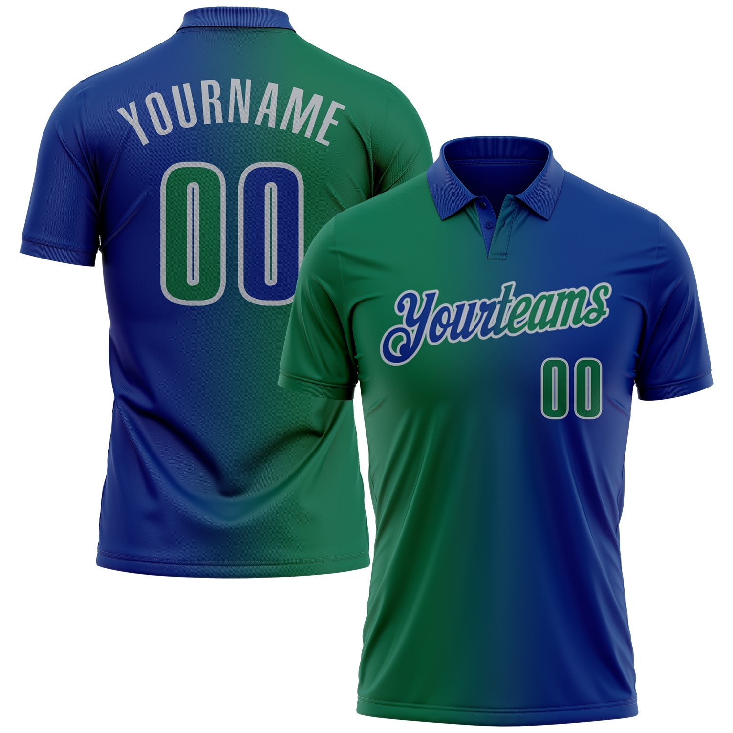 Custom Royal Kelly Green-Gray 3D Gradient Fashion Performance Polo Shirt - Main View