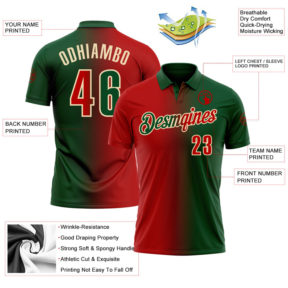 Custom Green Red-Cream 3D Gradient Fashion Performance Polo Shirt view 3
