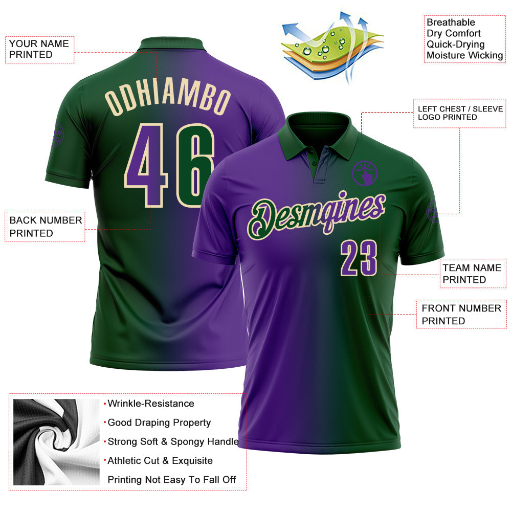Custom Green Purple-Cream 3D Gradient Fashion Performance Polo Shirt view 3