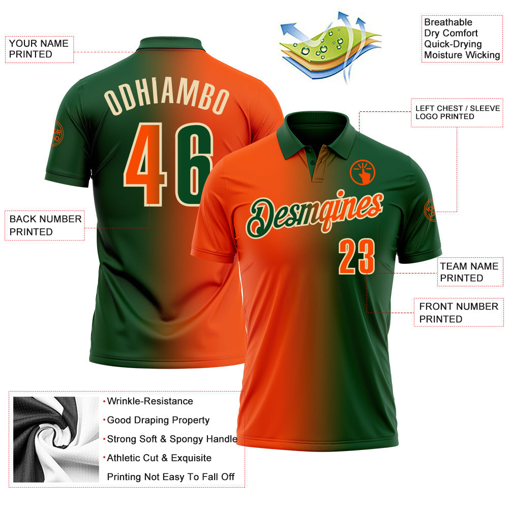 Custom Green Orange-Cream 3D Gradient Fashion Performance Polo Shirt view 3