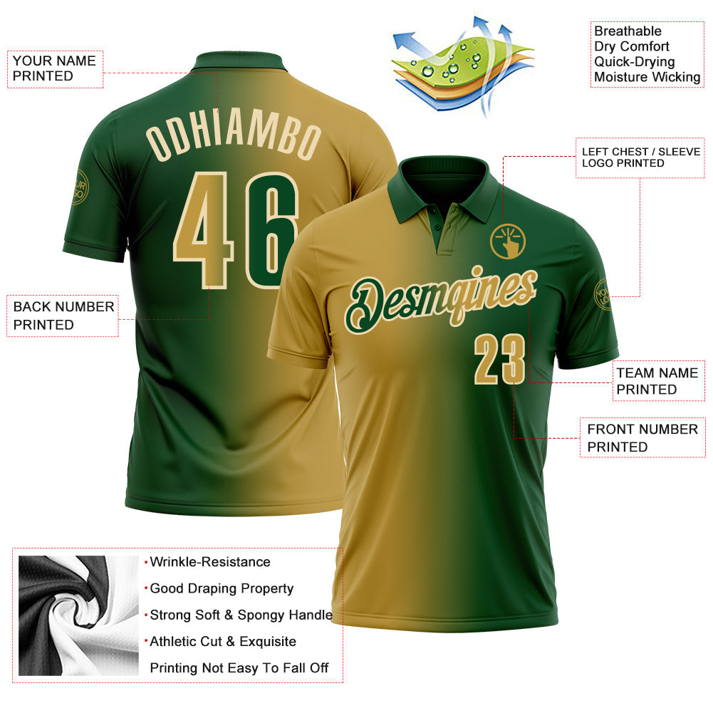 Custom Green Old Gold-Cream 3D Gradient Fashion Performance Polo Shirt view 3