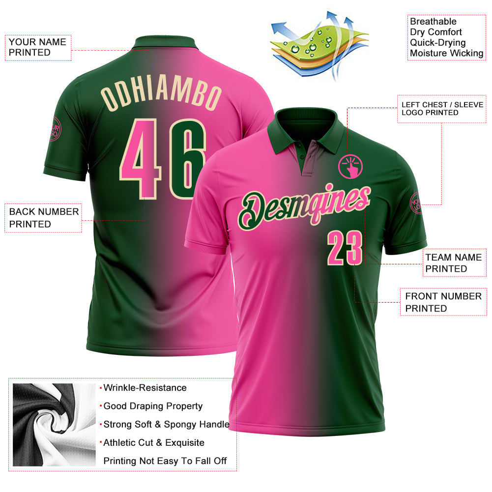 Custom Green Pink-Cream 3D Gradient Fashion Performance Polo Shirt view 3