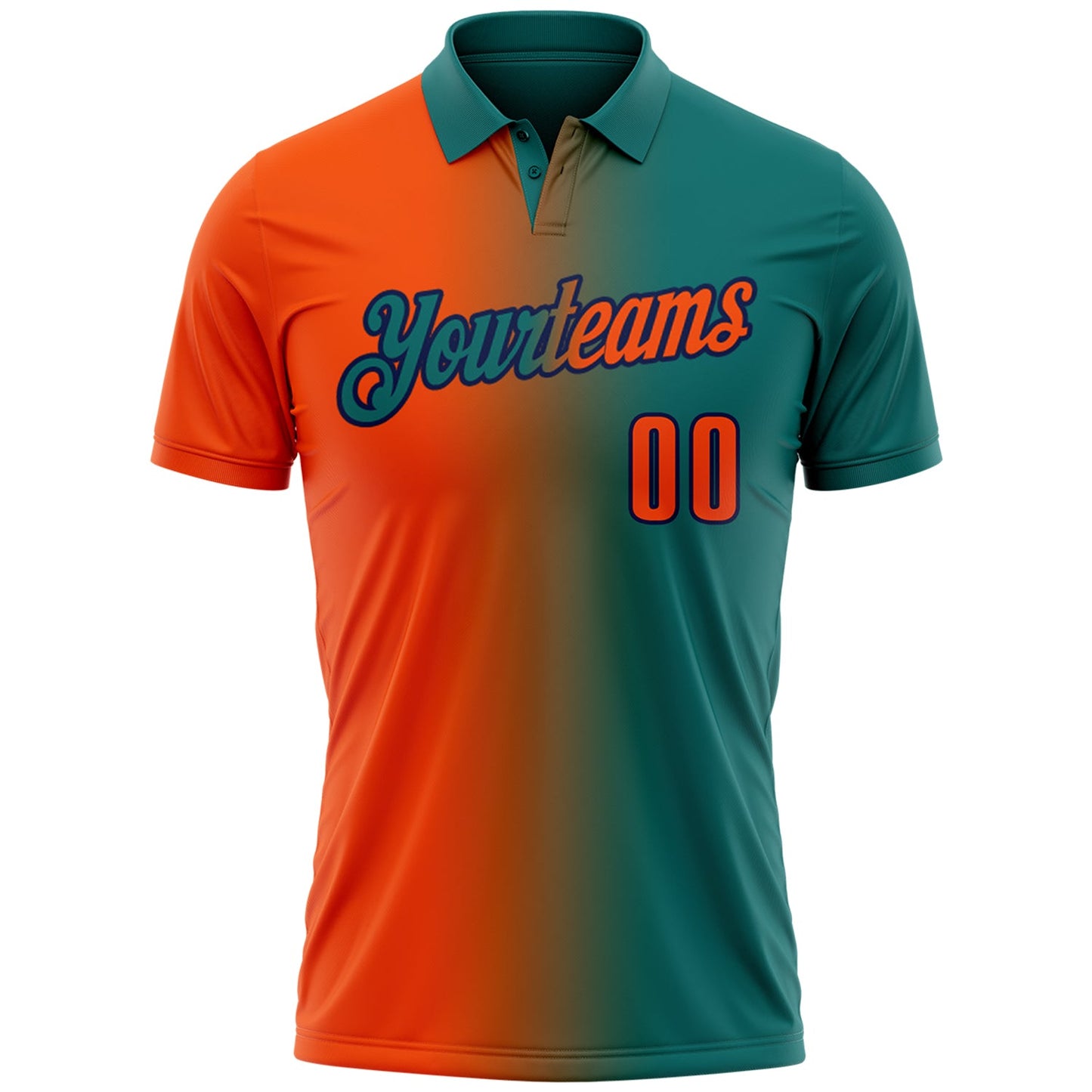 Custom Teal Orange-Navy 3D Gradient Fashion Performance Polo Shirt view 2