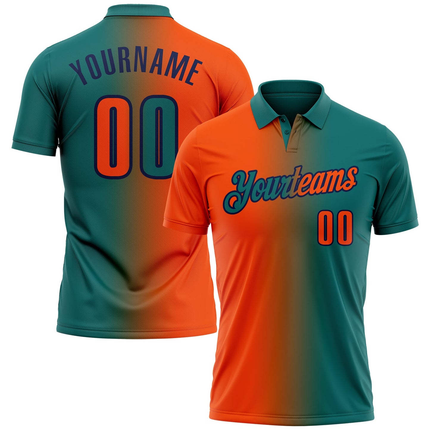 Custom Teal Orange-Navy 3D Gradient Fashion Performance Polo Shirt - Main View