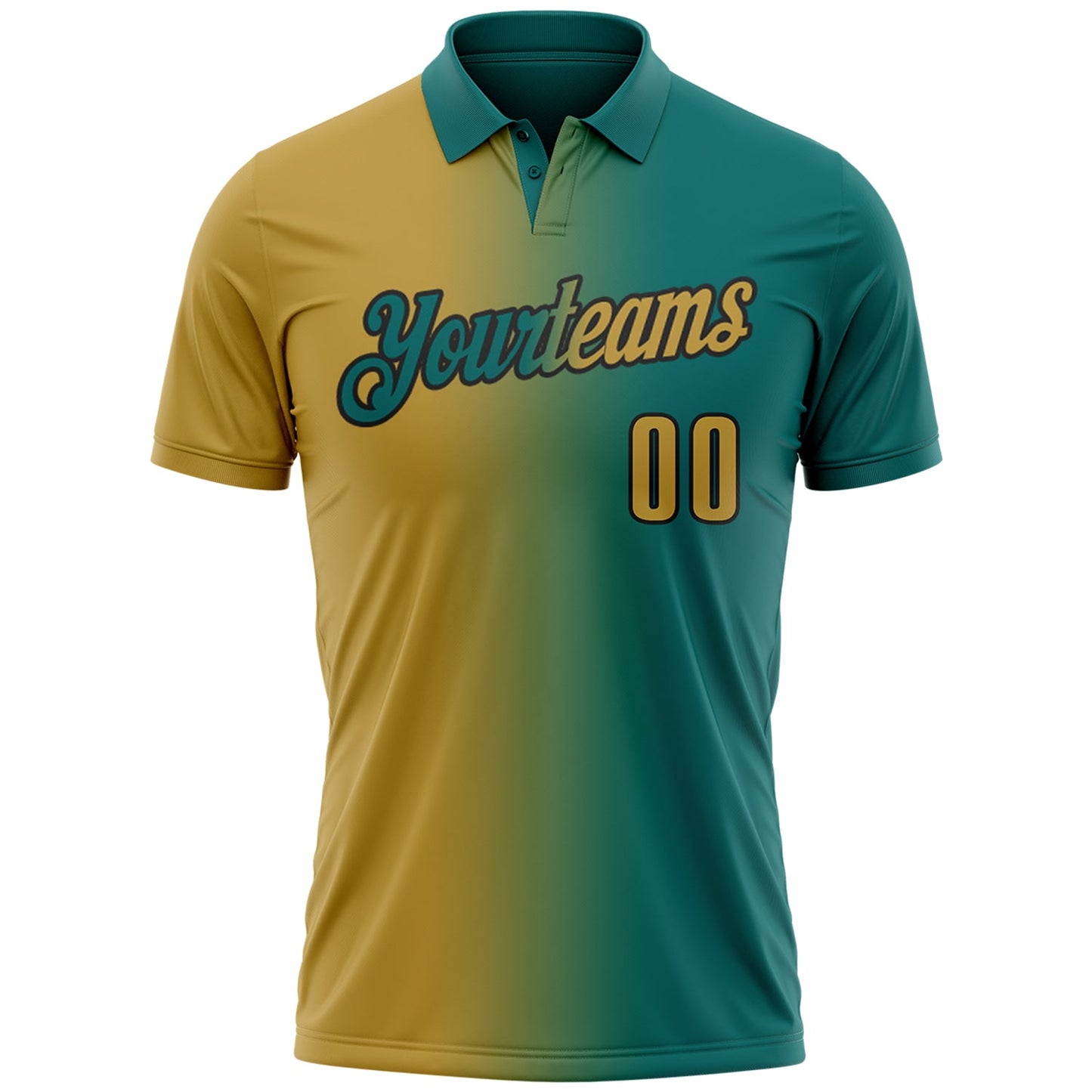 Custom Teal Old Gold-Black 3D Gradient Fashion Performance Polo Shirt view 2