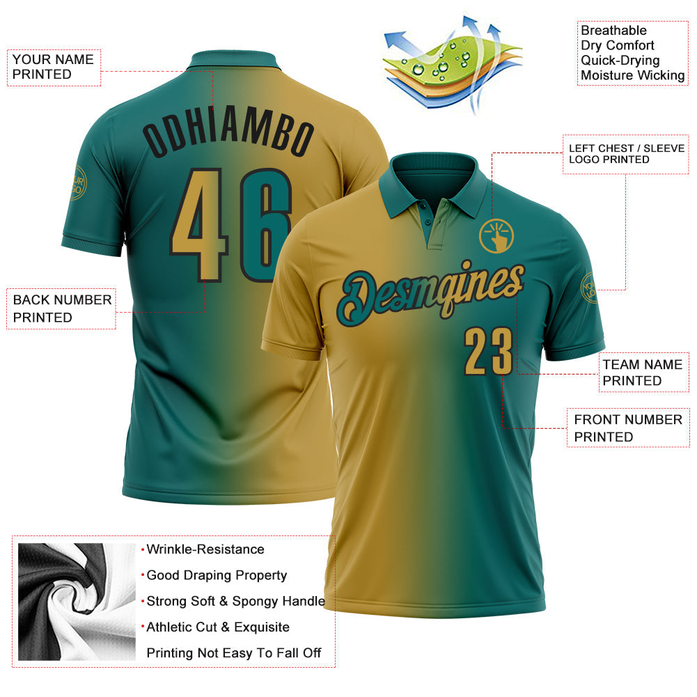 Custom Teal Old Gold-Black 3D Gradient Fashion Performance Polo Shirt view 3
