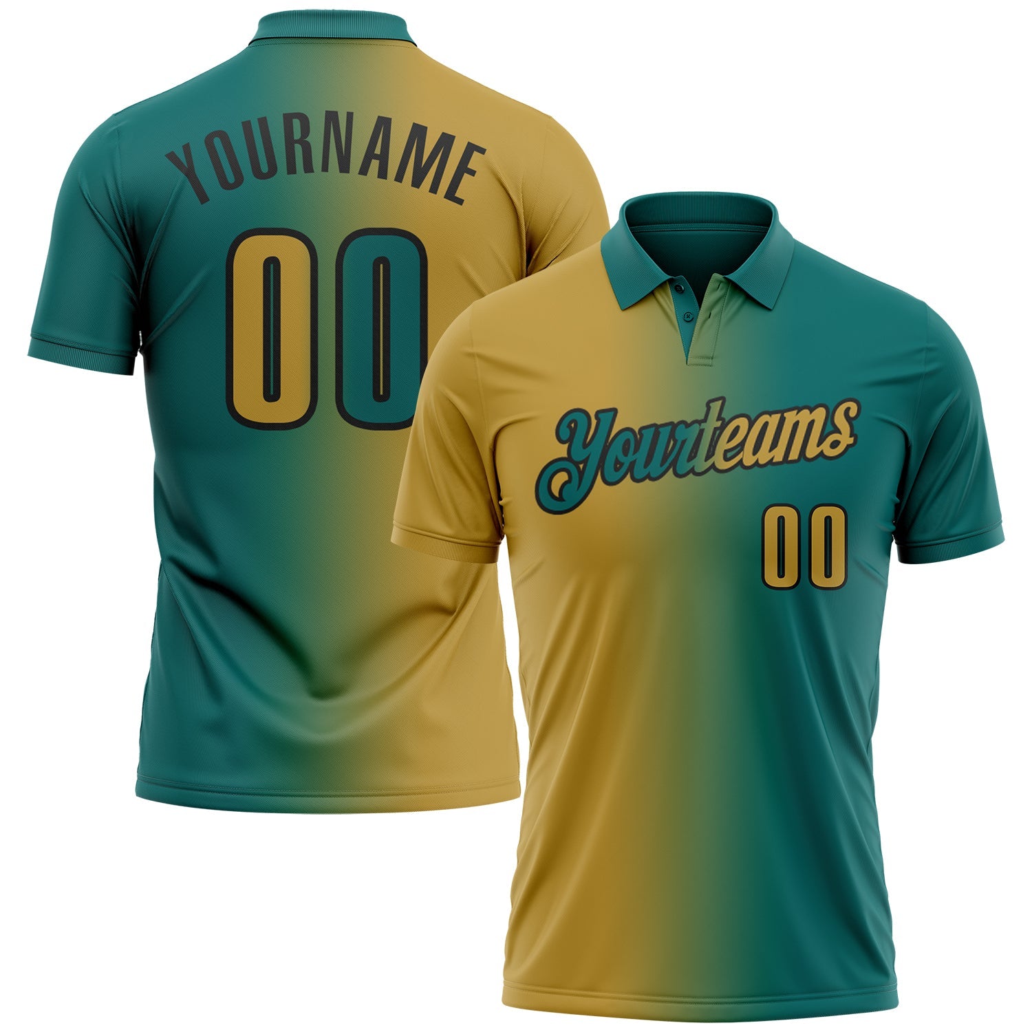Custom Teal Old Gold-Black 3D Gradient Fashion Performance Polo Shirt - Main View