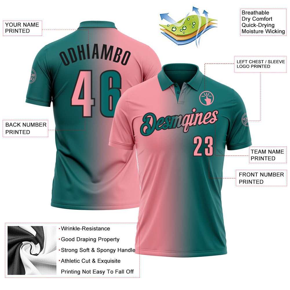 Custom Teal Medium Pink-Black 3D Gradient Fashion Performance Polo Shirt view 3