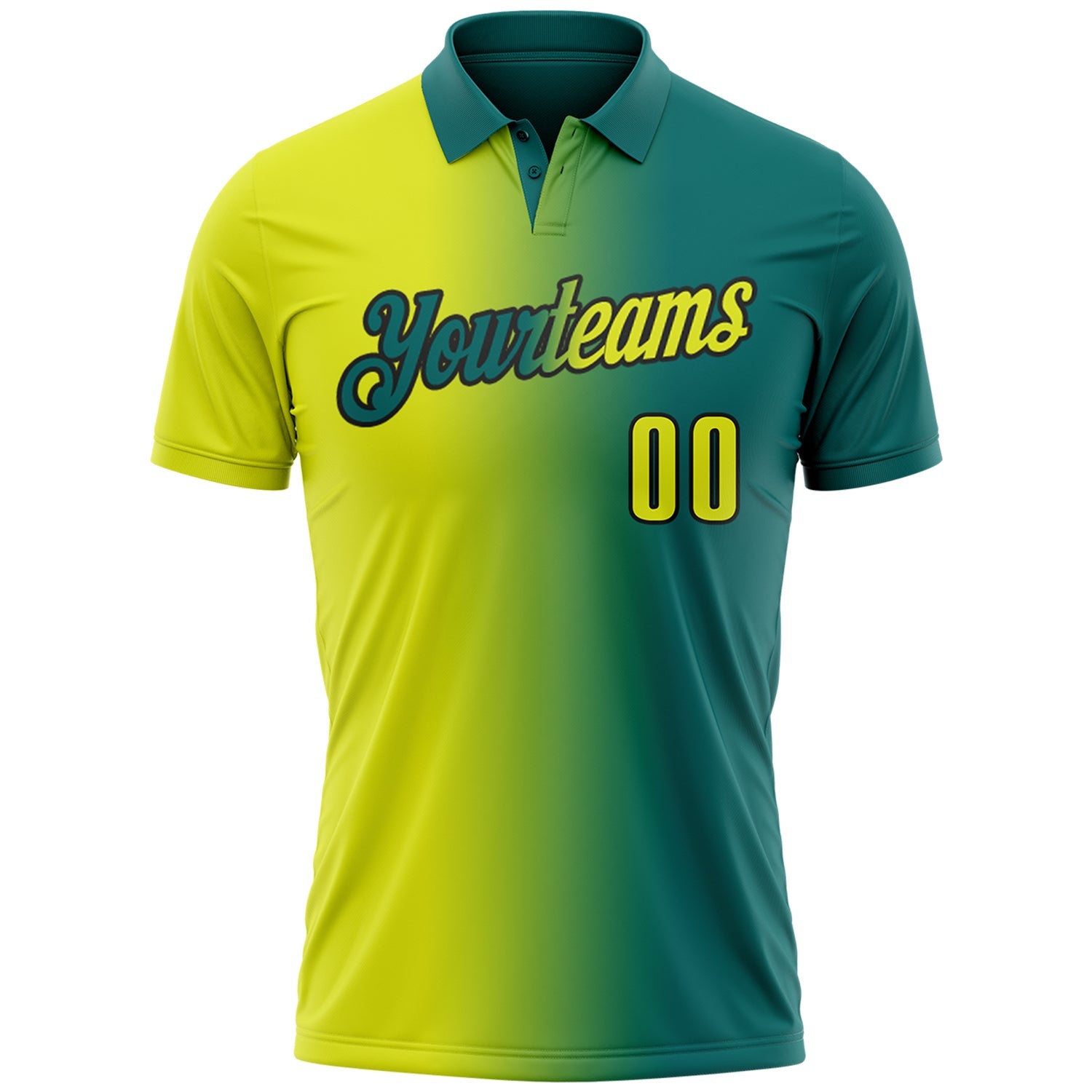 Custom Teal Neon Yellow-Black 3D Gradient Fashion Performance Polo Shirt view 2
