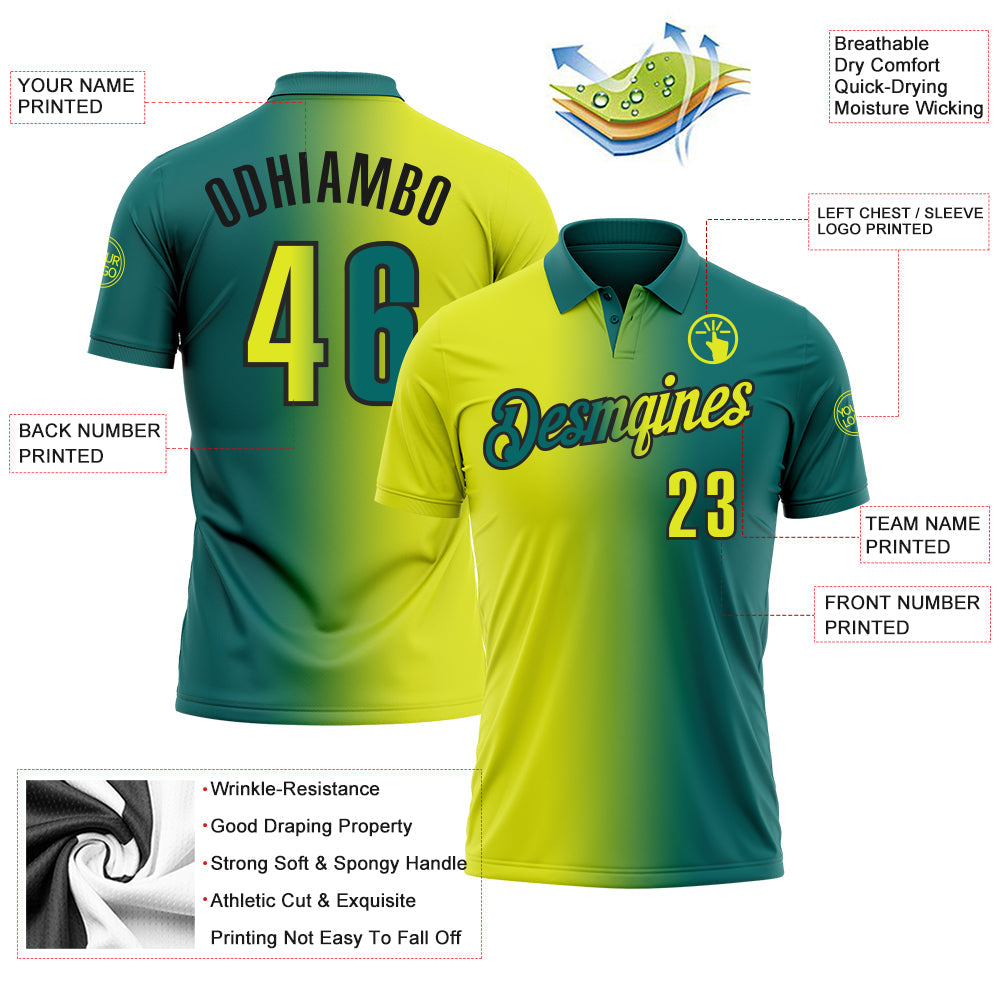 Custom Teal Neon Yellow-Black 3D Gradient Fashion Performance Polo Shirt view 3