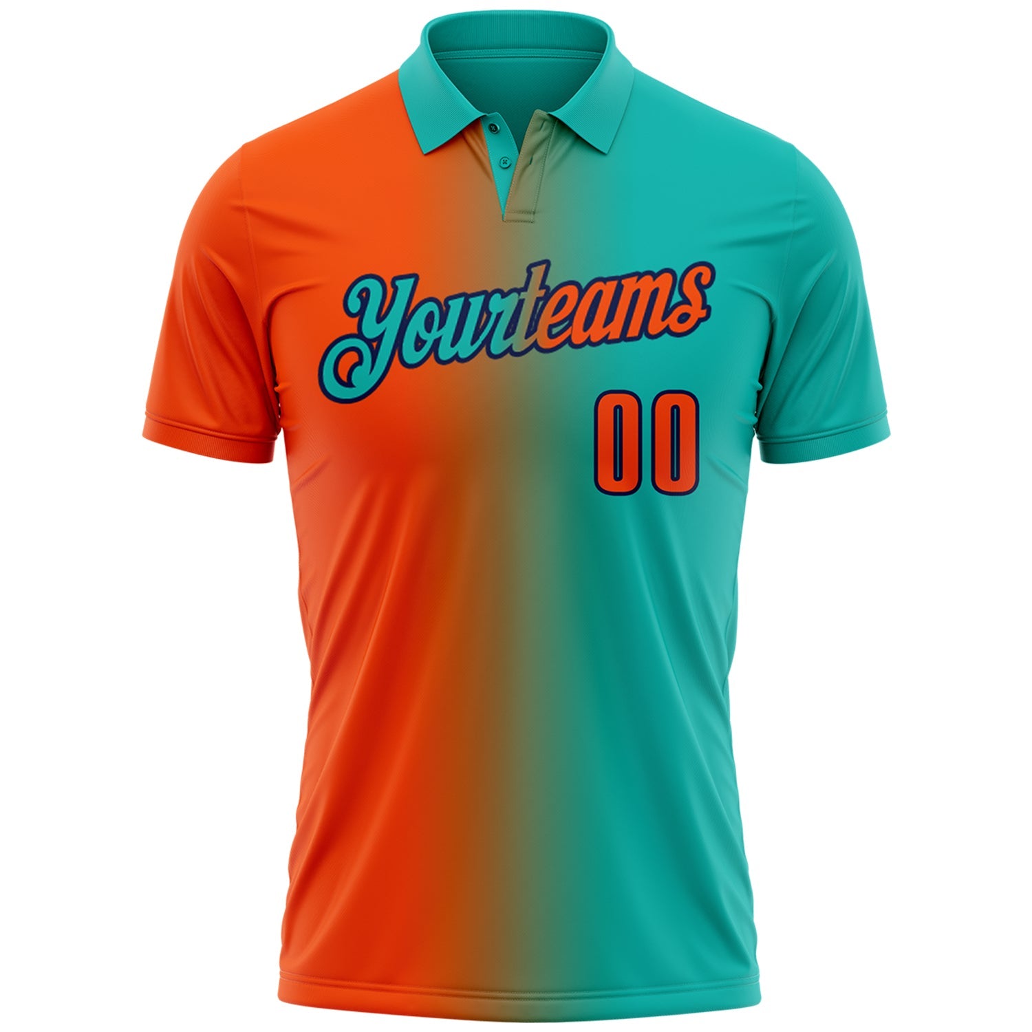 Custom Aqua Orange-Navy 3D Gradient Fashion Performance Polo Shirt view 2