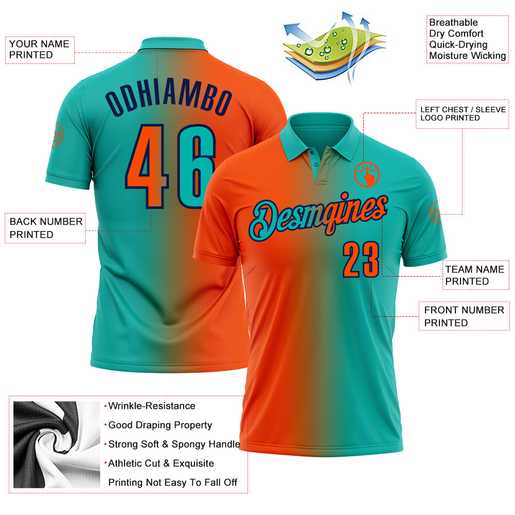 Custom Aqua Orange-Navy 3D Gradient Fashion Performance Polo Shirt view 3