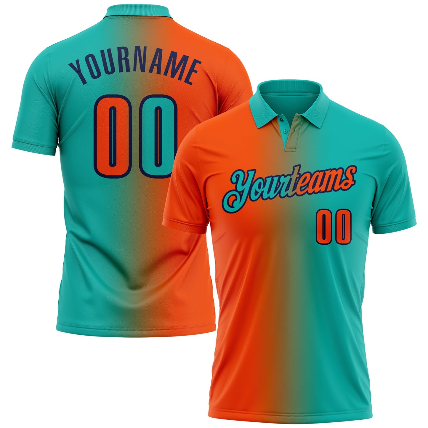 Custom Aqua Orange-Navy 3D Gradient Fashion Performance Polo Shirt - Main View