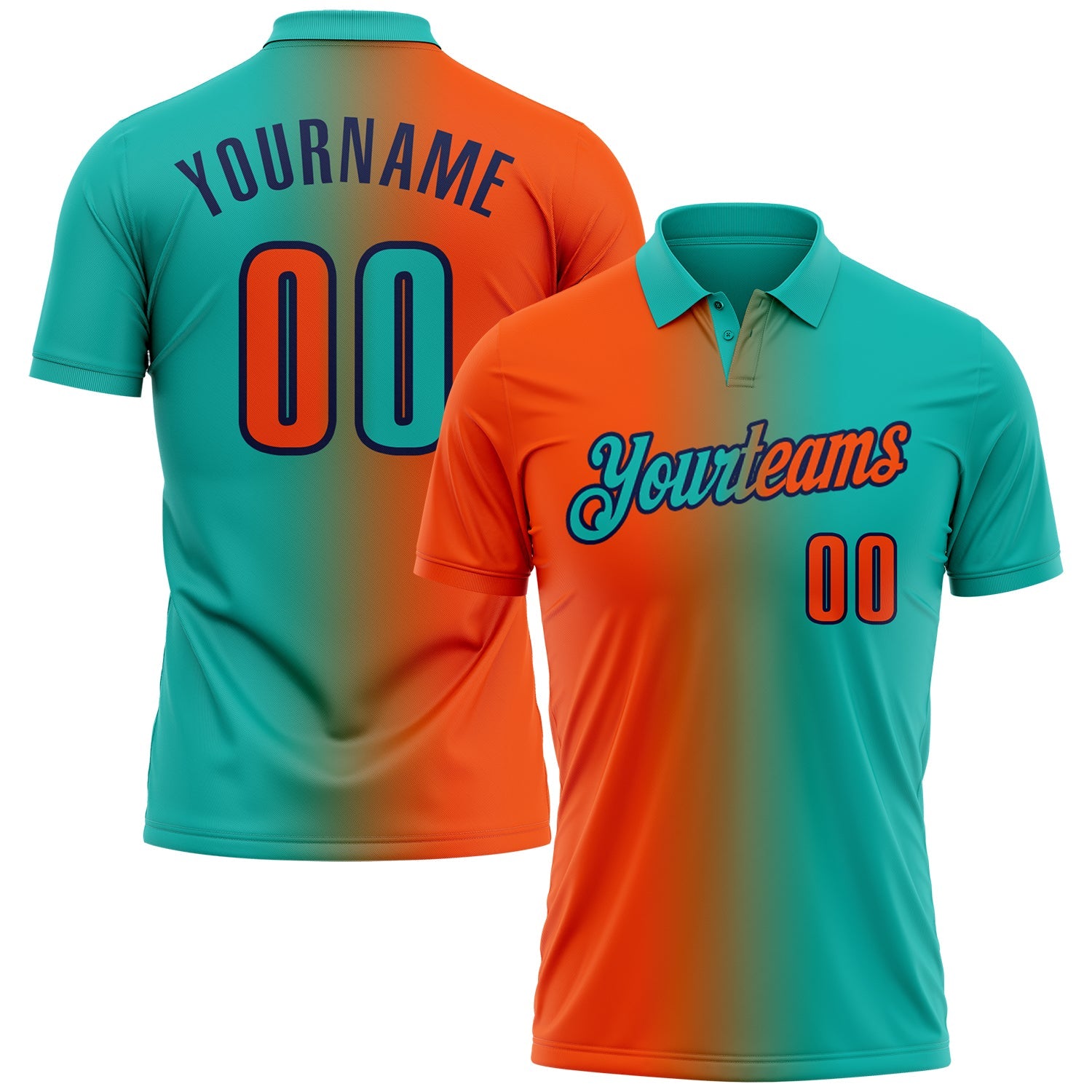 Custom Aqua Orange-Navy 3D Gradient Fashion Performance Polo Shirt - Main View