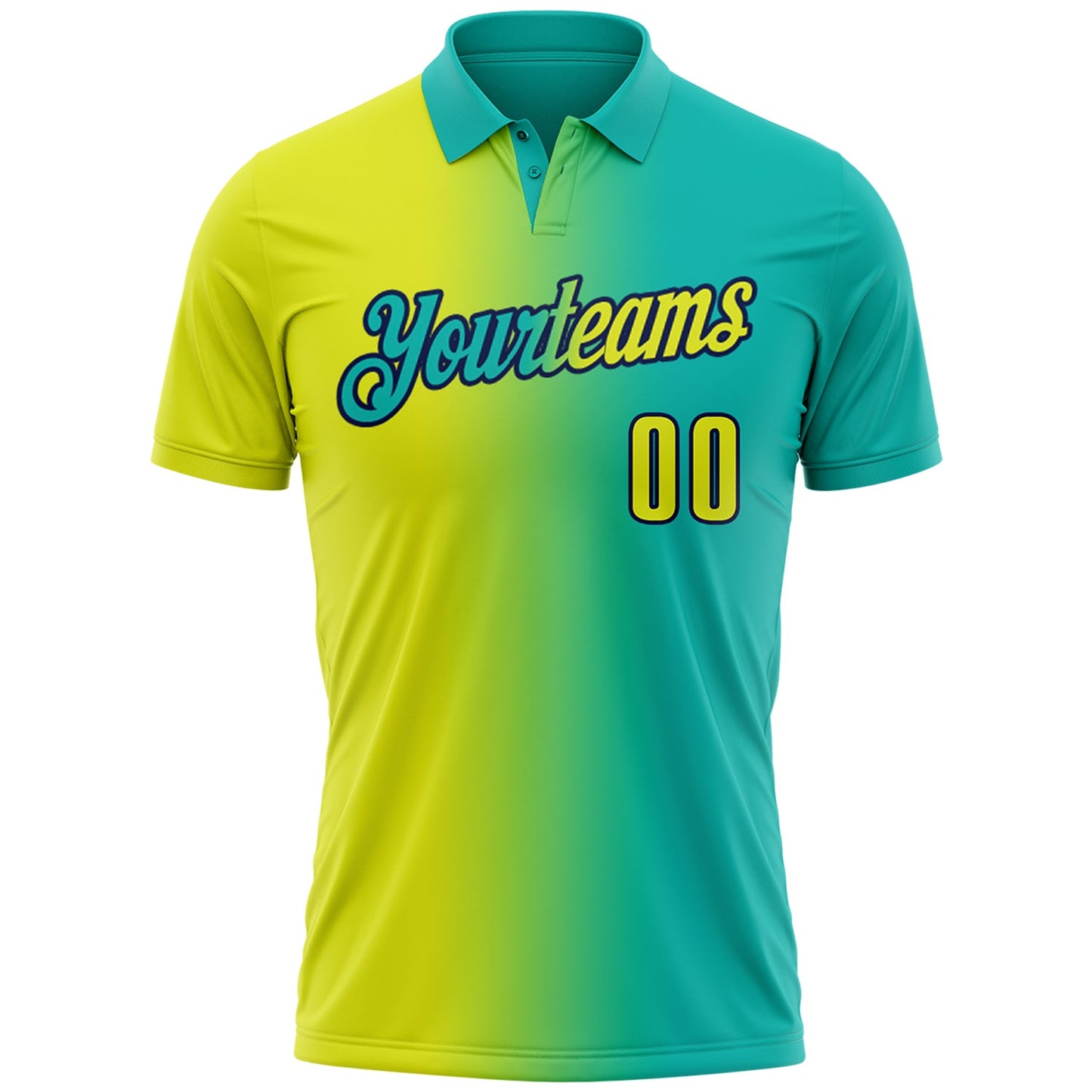 Custom Aqua Neon Yellow-Navy 3D Gradient Fashion Performance Polo Shirt view 2