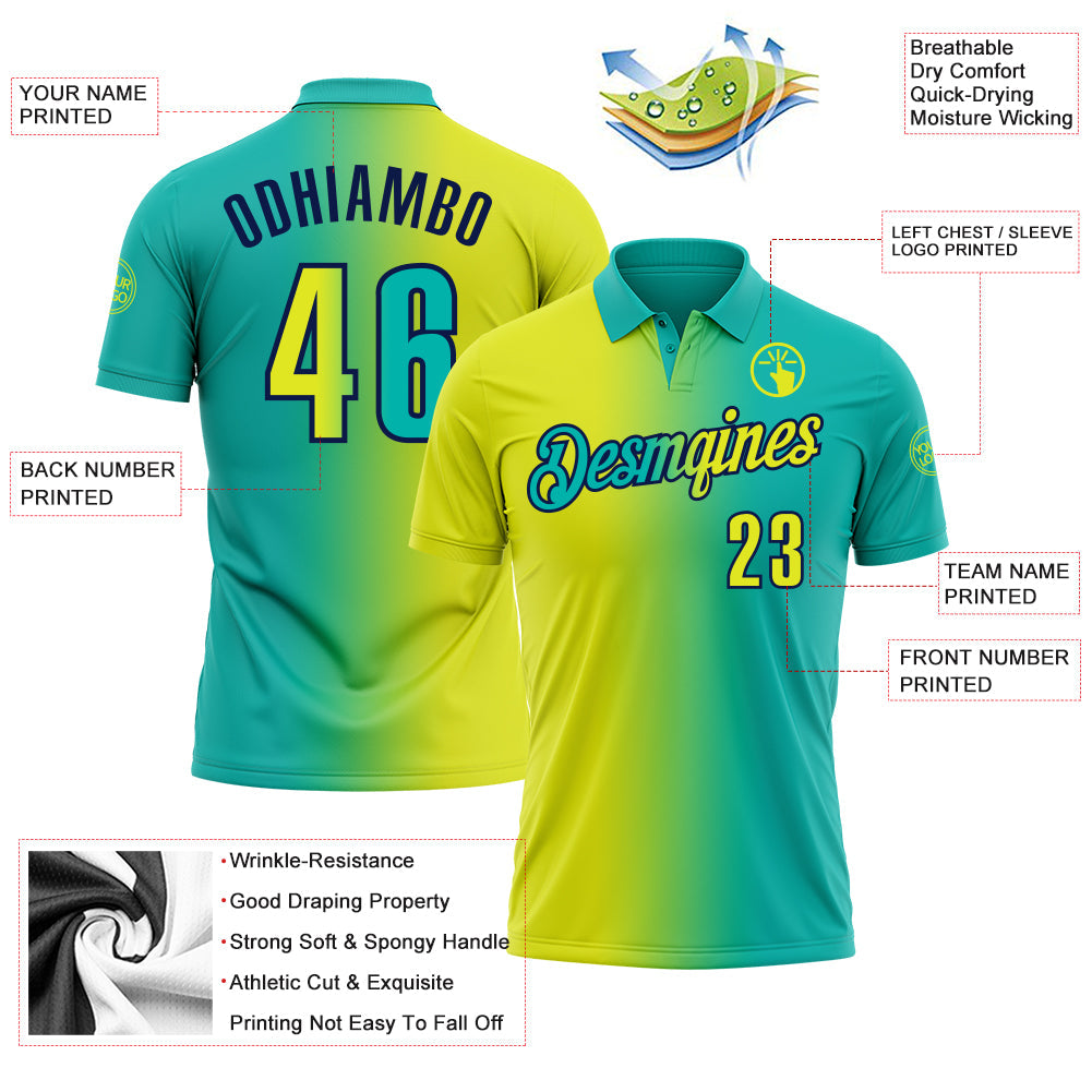 Custom Aqua Neon Yellow-Navy 3D Gradient Fashion Performance Polo Shirt view 3