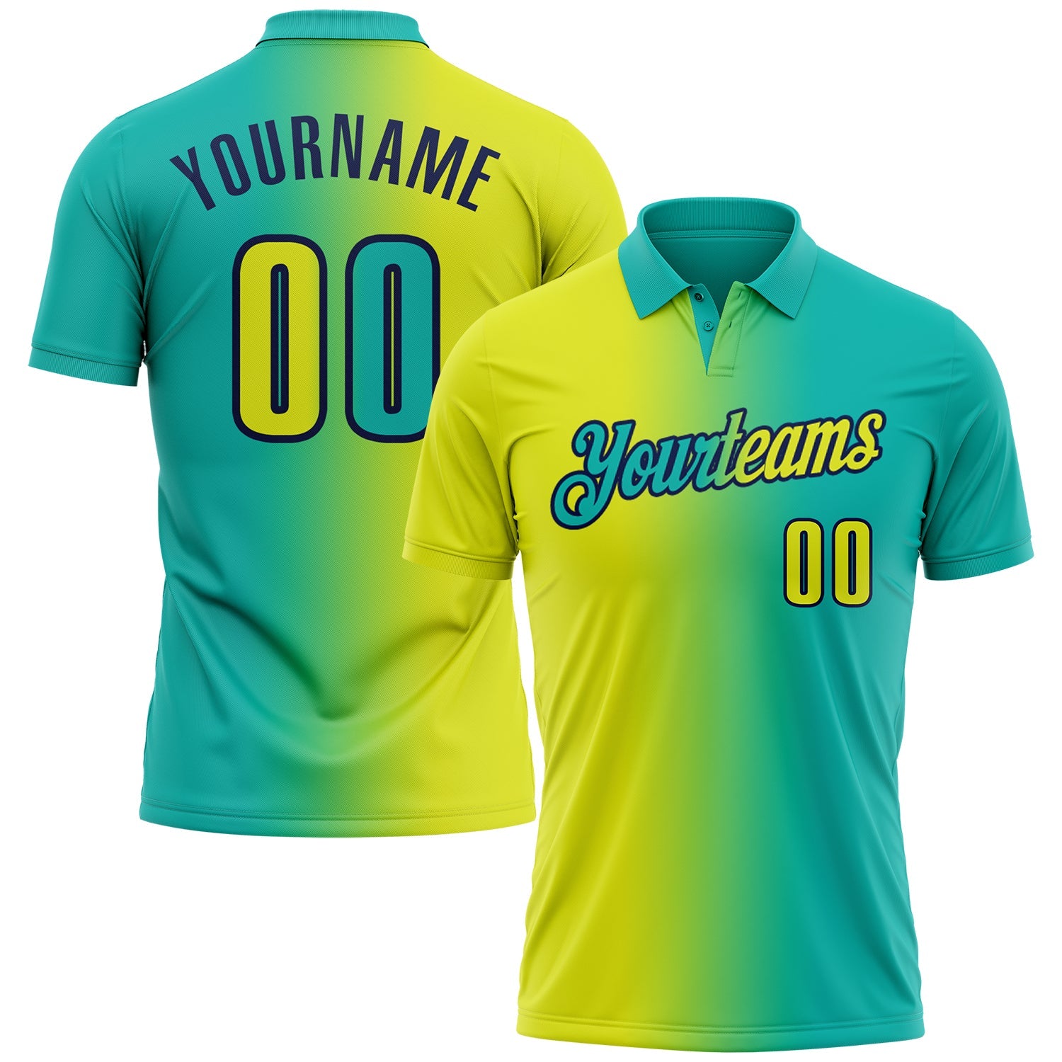 Custom Aqua Neon Yellow-Navy 3D Gradient Fashion Performance Polo Shirt - Main View