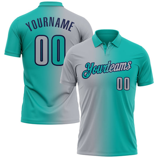 Custom Aqua Gray-Navy 3D Gradient Fashion Performance Polo Shirt - Main View