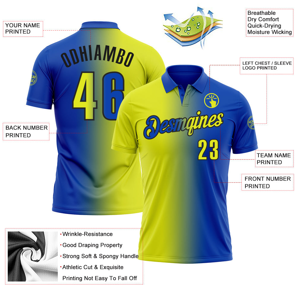 Custom Thunder Blue Neon Yellow-Black 3D Gradient Fashion Performance Polo Shirt view 3