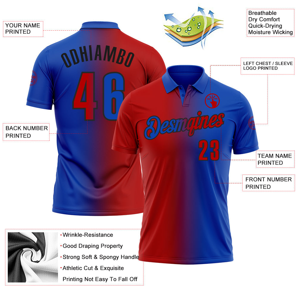 Custom Thunder Blue Red-Black 3D Gradient Fashion Performance Polo Shirt view 3