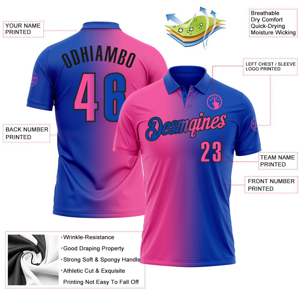 Custom Thunder Blue Pink-Black 3D Gradient Fashion Performance Polo Shirt view 3