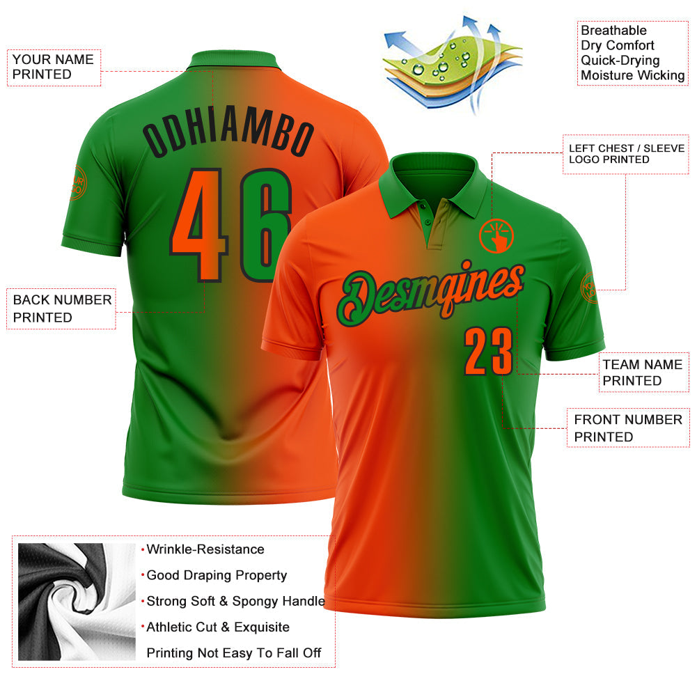 Custom Grass Green Orange-Black 3D Gradient Fashion Performance Polo Shirt view 3