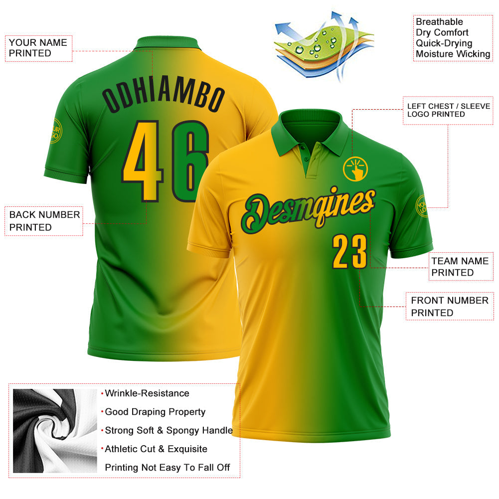 Custom Grass Green Gold-Black 3D Gradient Fashion Performance Polo Shirt view 3