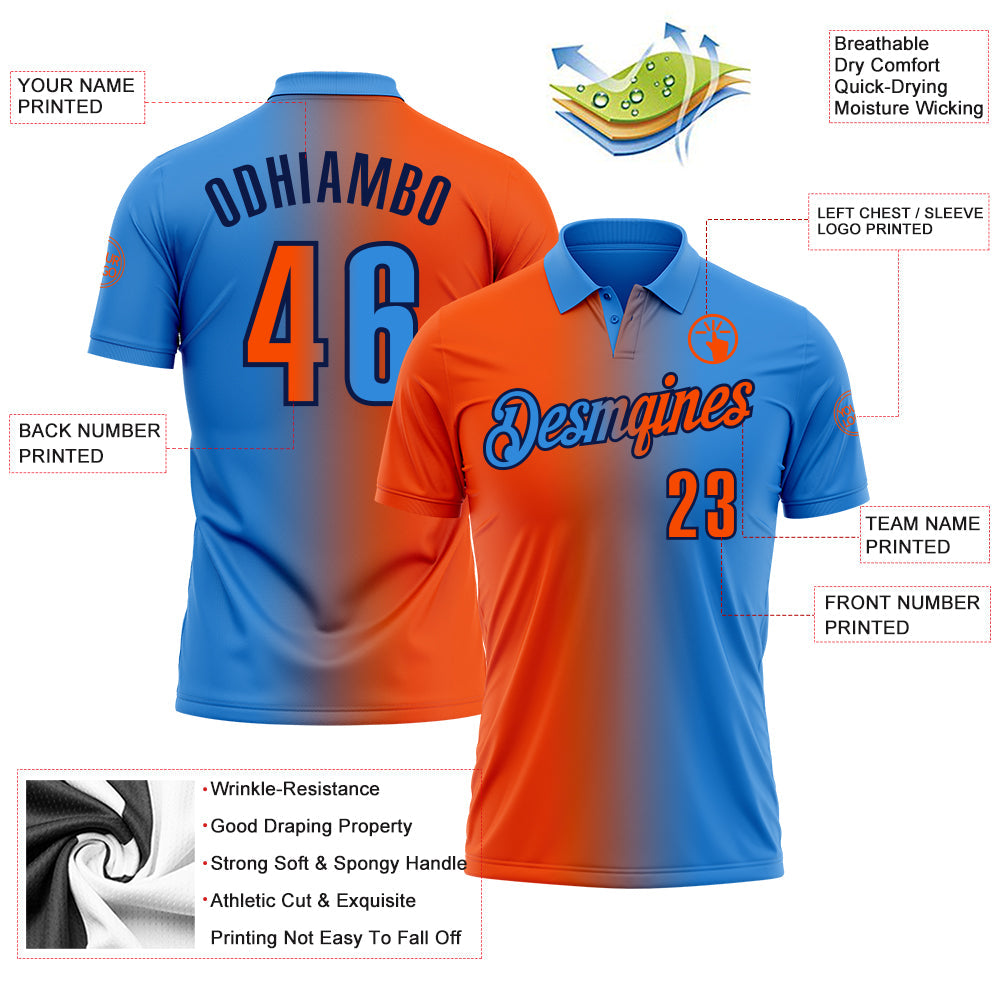 Custom Powder Blue Orange-Navy 3D Gradient Fashion Performance Polo Shirt view 3
