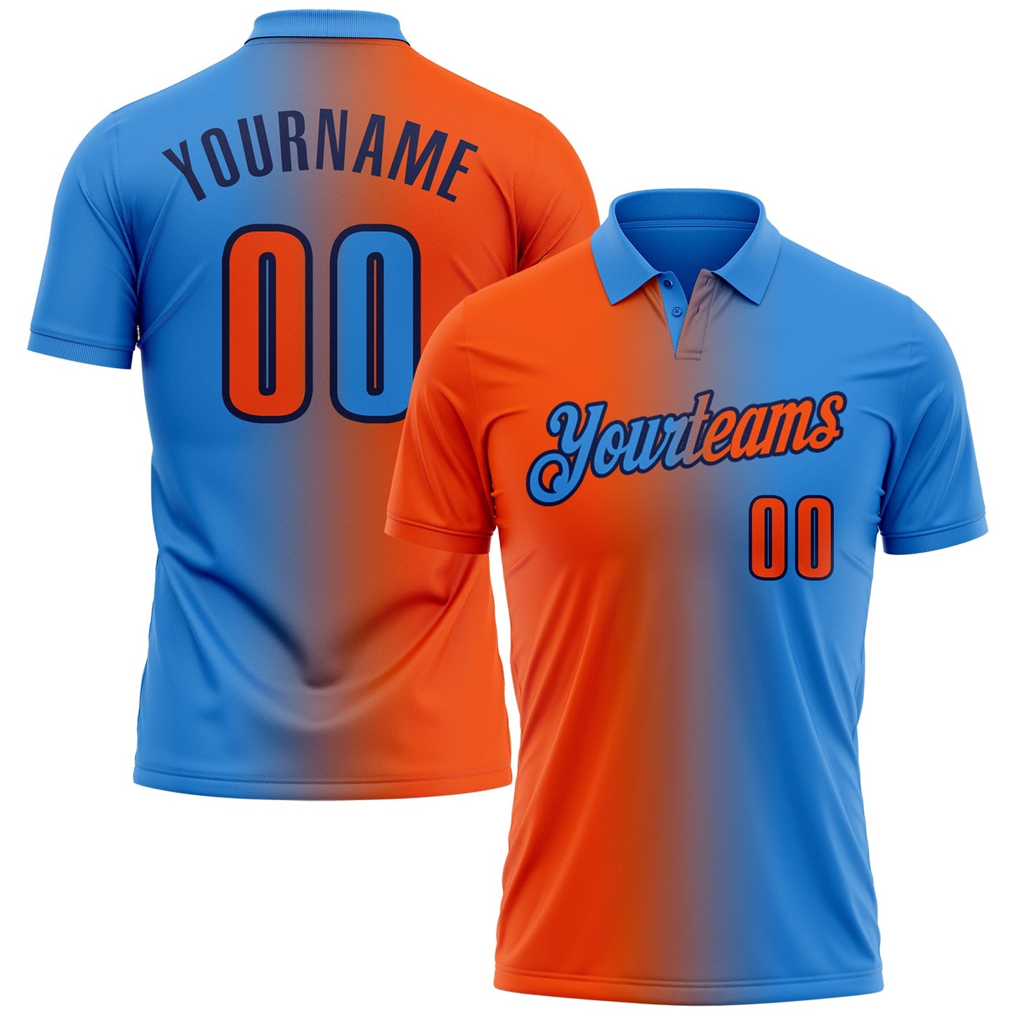 Custom Powder Blue Orange-Navy 3D Gradient Fashion Performance Polo Shirt - Main View