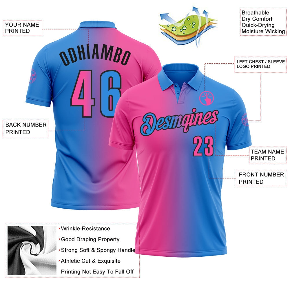Custom Powder Blue Pink-Black 3D Gradient Fashion Performance Polo Shirt view 3