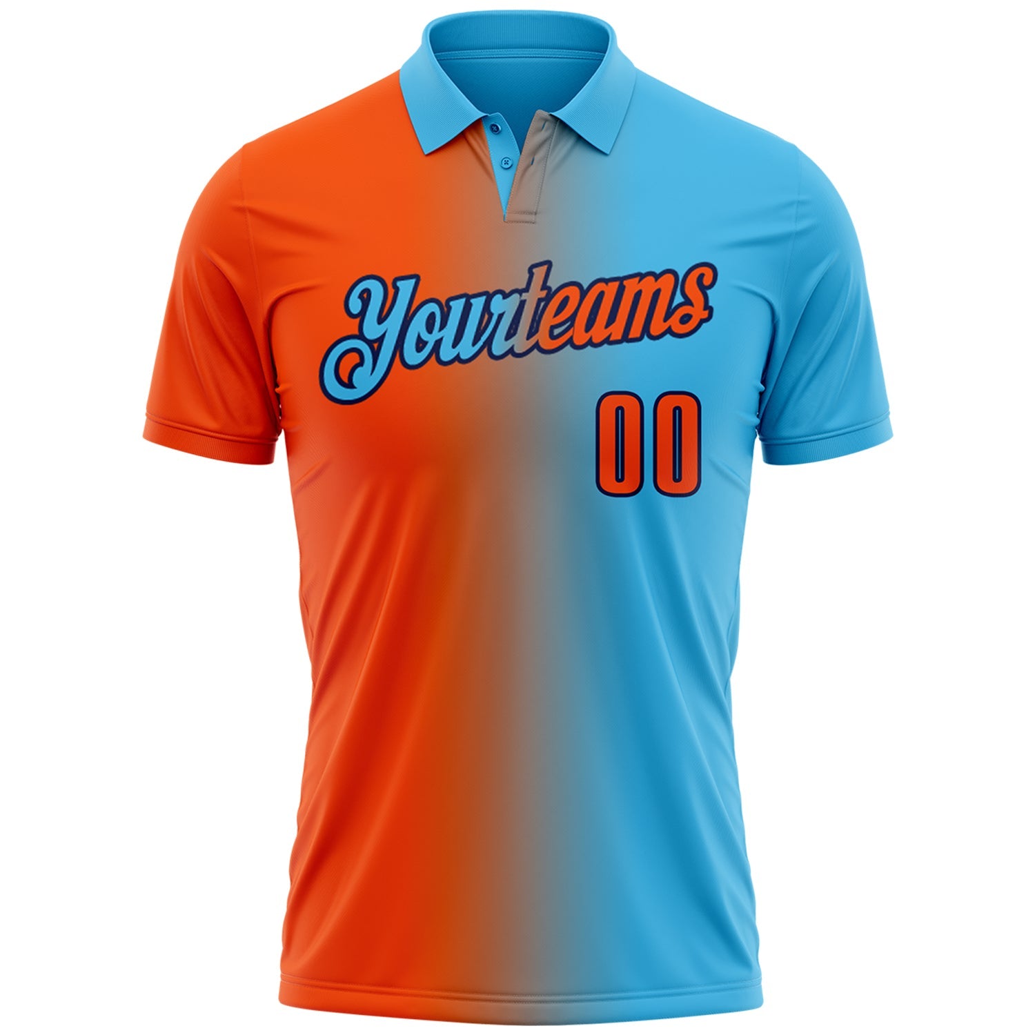 Custom Sky Blue Orange-Navy 3D Gradient Fashion Performance Polo Shirt view 2