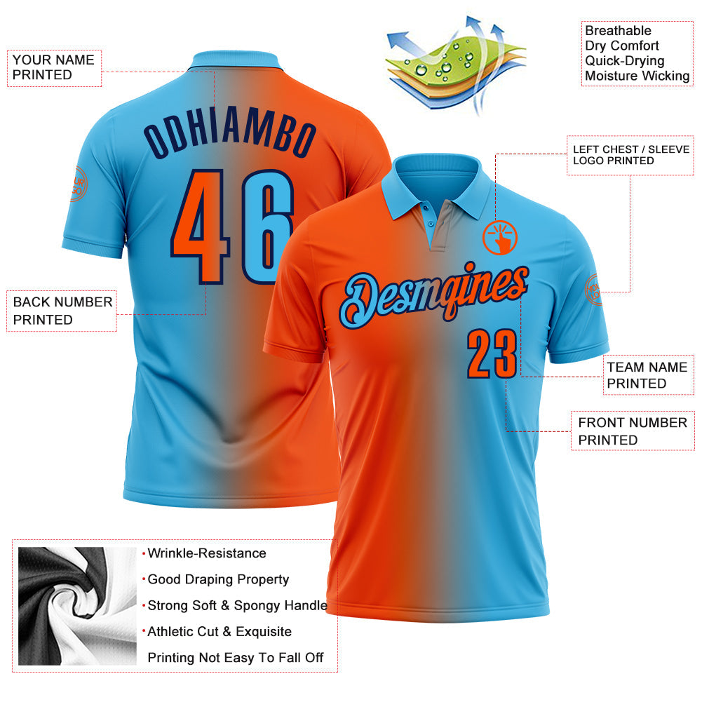 Custom Sky Blue Orange-Navy 3D Gradient Fashion Performance Polo Shirt view 3
