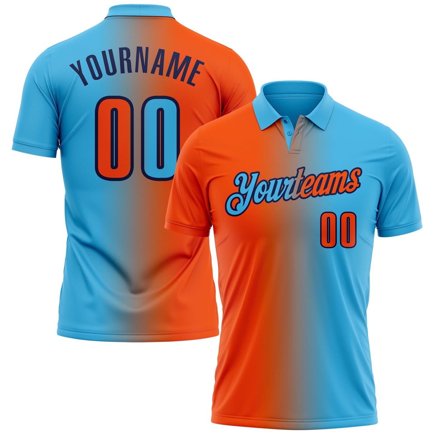 Custom Sky Blue Orange-Navy 3D Gradient Fashion Performance Polo Shirt - Main View
