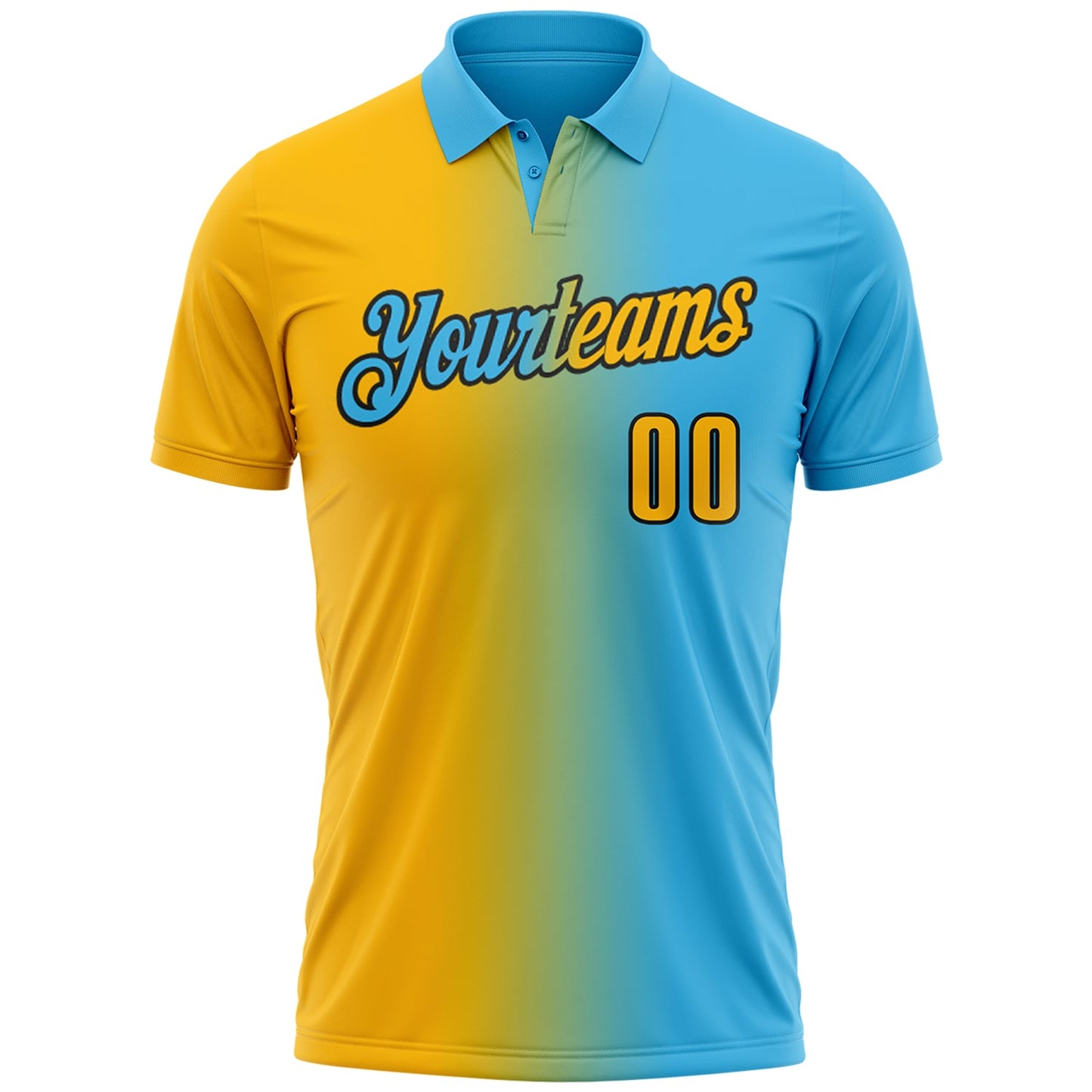Custom Sky Blue Gold-Black 3D Gradient Fashion Performance Polo Shirt view 2