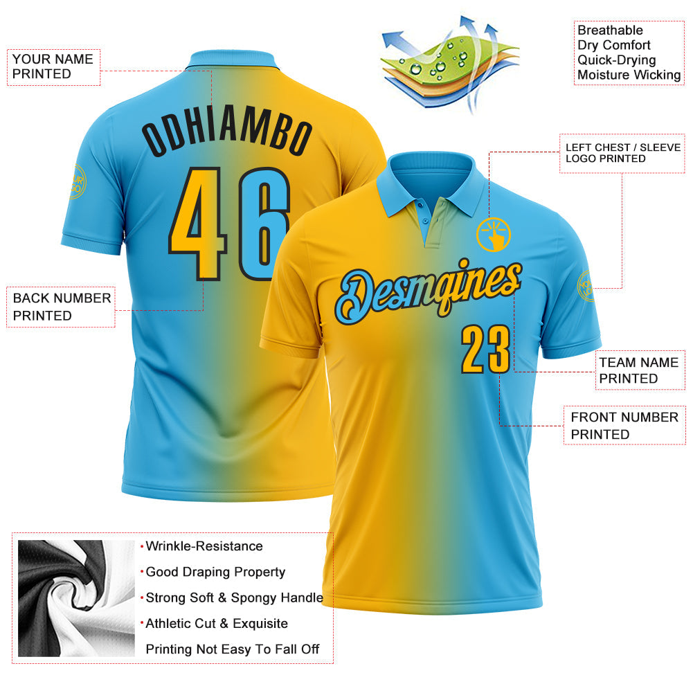 Custom Sky Blue Gold-Black 3D Gradient Fashion Performance Polo Shirt view 3