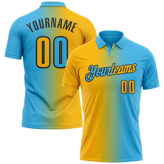 Custom Sky Blue Gold-Black 3D Gradient Fashion Performance Polo Shirt - Main View