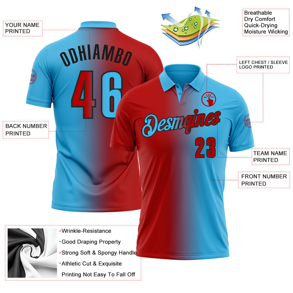 Custom Sky Blue Red-Black 3D Gradient Fashion Performance Polo Shirt view 3
