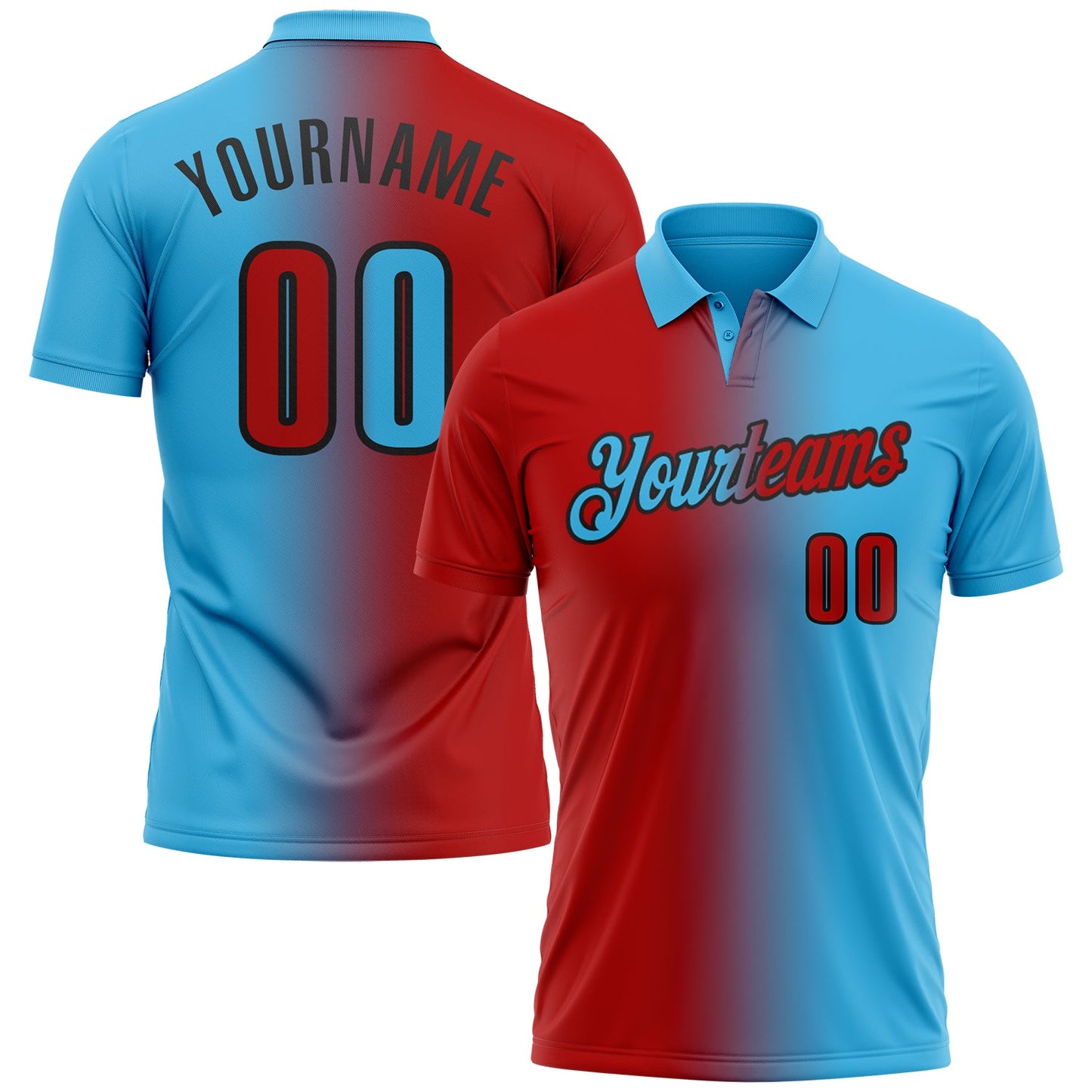 Custom Sky Blue Red-Black 3D Gradient Fashion Performance Polo Shirt - Main View