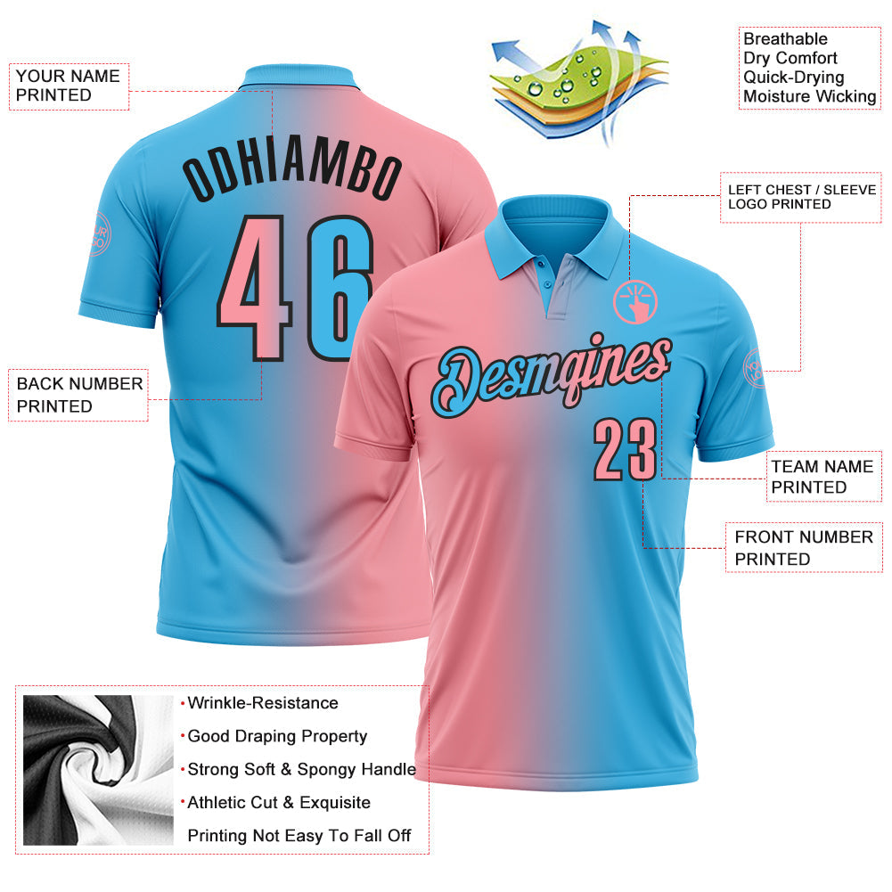 Custom Sky Blue Medium Pink-Black 3D Gradient Fashion Performance Polo Shirt view 3