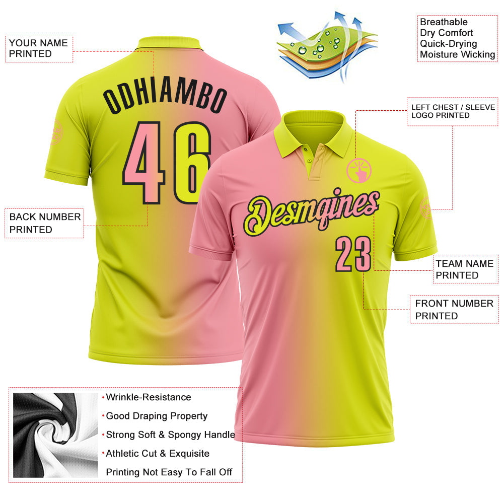 Custom Neon Yellow Medium Pink-Black 3D Gradient Fashion Performance Polo Shirt view 3