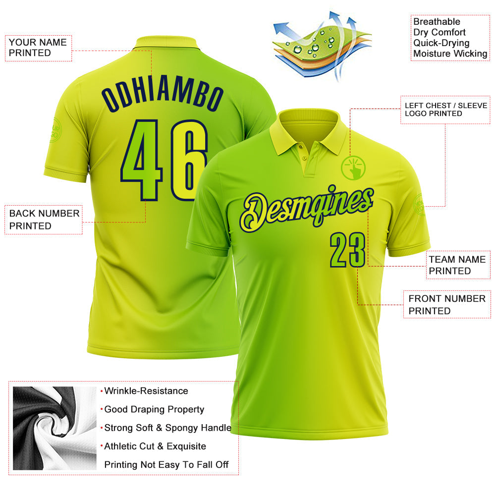 Custom Neon Yellow Neon Green-Navy 3D Gradient Fashion Performance Polo Shirt view 3