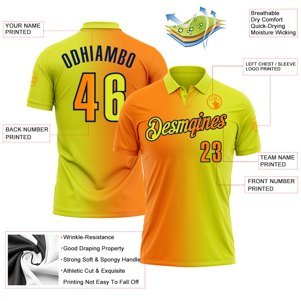 Custom Neon Yellow Bay Orange-Navy 3D Gradient Fashion Performance Polo Shirt view 3