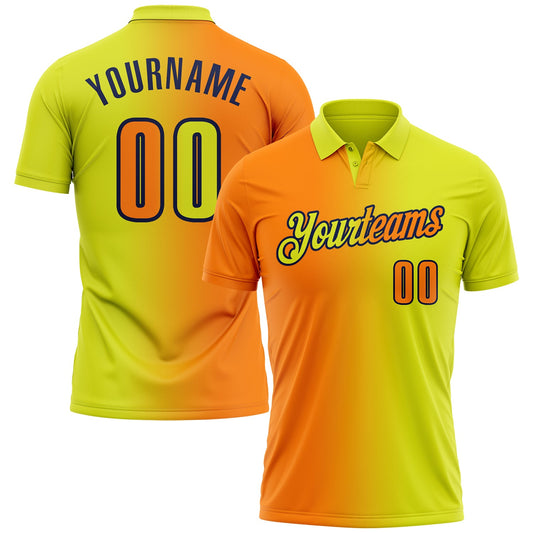 Custom Neon Yellow Bay Orange-Navy 3D Gradient Fashion Performance Polo Shirt - Main View