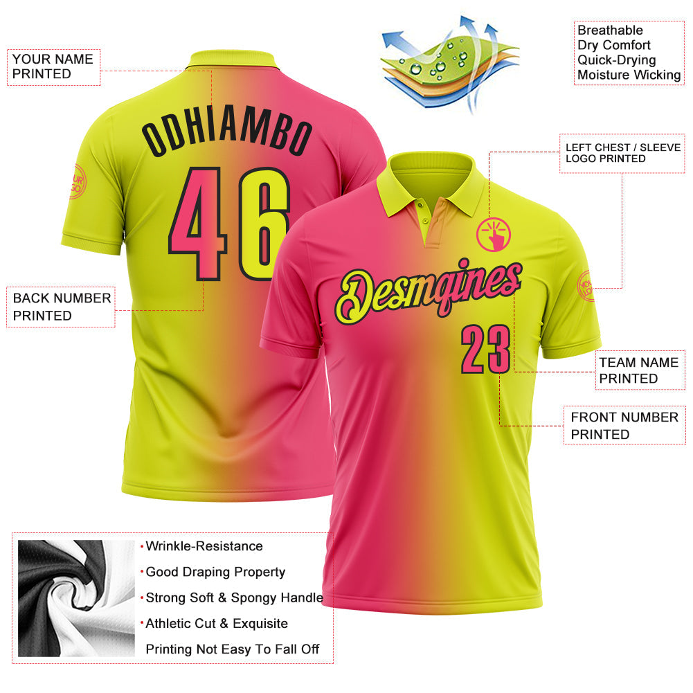 Custom Neon Yellow Neon Pink-Black 3D Gradient Fashion Performance Polo Shirt view 3