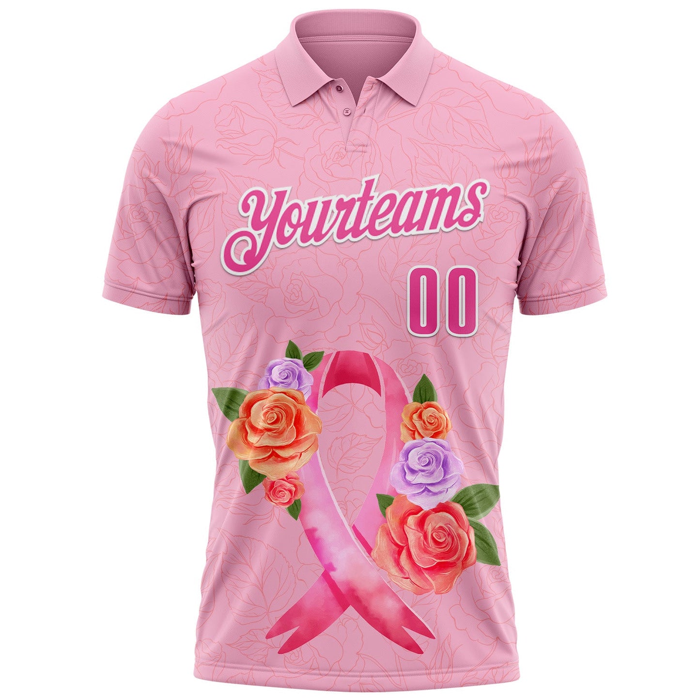 Custom Light Pink Pink-White 3D Pink Ribbon Breast Cancer Awareness Month Women Health Care Support Floral Performance Polo Shirt view 2